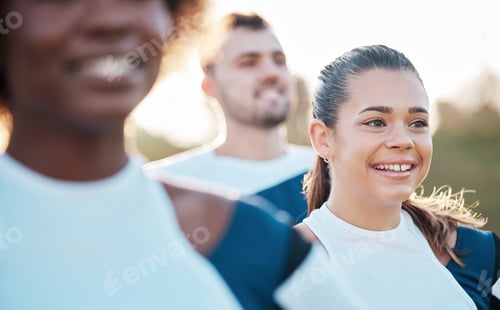 Preview: Happy, group and people for fitness in nature for running, workout and sports together. Smile, thin