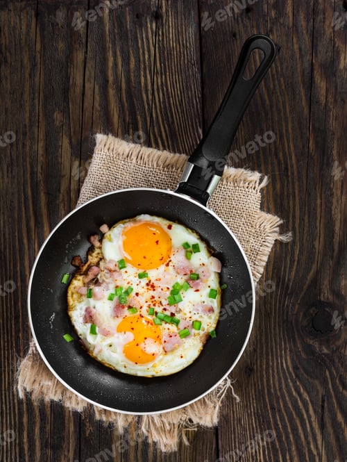 Preview: Fried eggs with ham and onion in pan