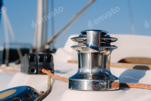 Preview: rope on the winch of a white yacht in the sea.yacht equipment