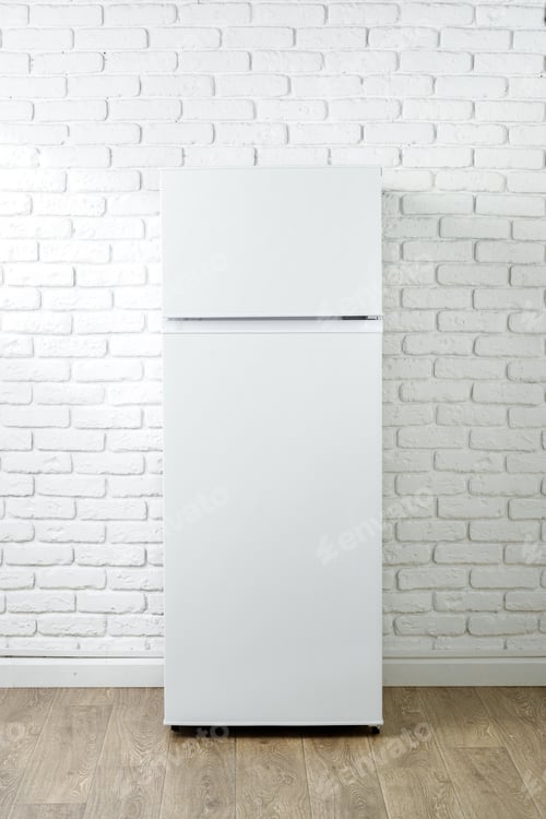 Preview: White Refrigerator In A Modern Kitchen With Brick Wall