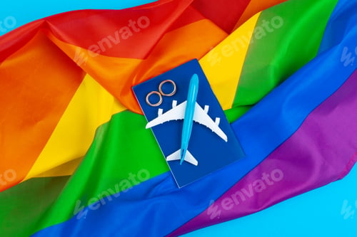 Preview: Gay Marriage Concept with Rainbow flag and rings