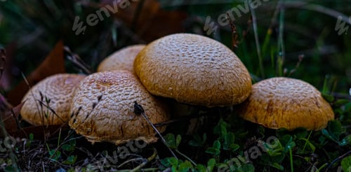 Preview: Cluster of mushrooms growing in a shaded area of grass