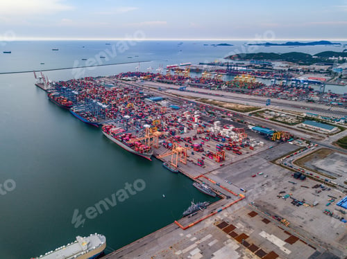 Preview: container cargo ship in the export and import business and logistics. Shipping to the harbor