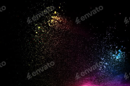 Preview: Colorful background of chalk powder. Multicolored dust particles splattered on black background.