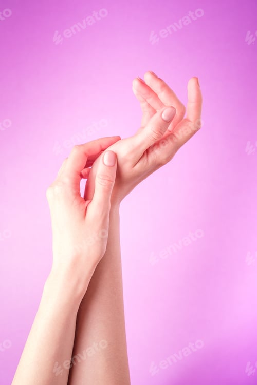 Preview: Beautiful female hands showing fresh cute manicure, skin and nail care concept