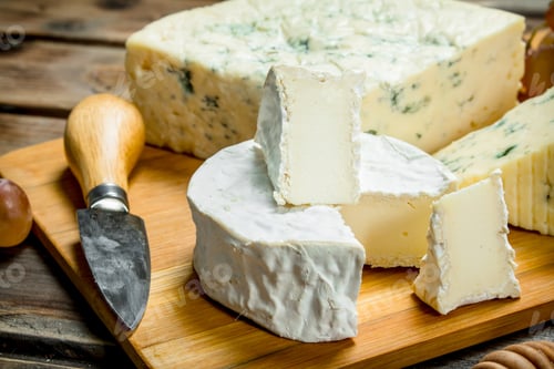 Preview: Blue and brie cheese on a chopping Board with a knife.