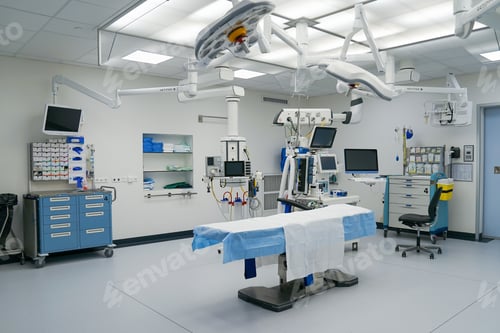 Preview: Establishing Shot of Technologically Advanced Operating Room with No People, Ready for Surgery. Real