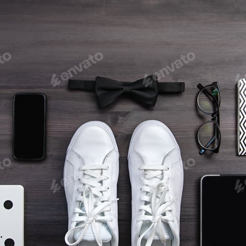 Preview: men fashion accessories and electronic devices on dark wooden background