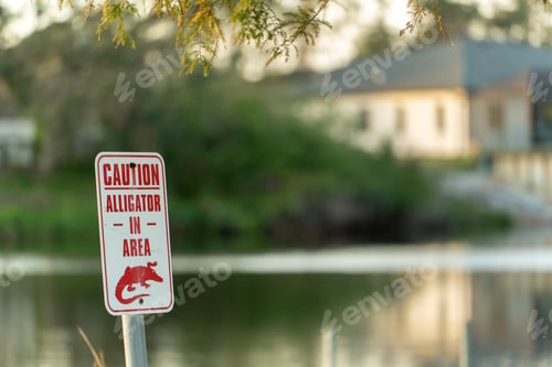 Preview: Warning sign about alligator in water in Florida park.