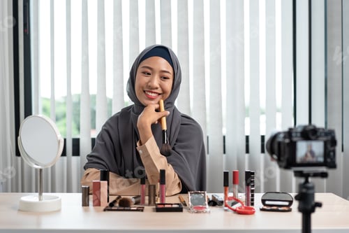 Preview: Woman muslim blogger is present make up tutorial beauty cosmetic review product and broadcast live