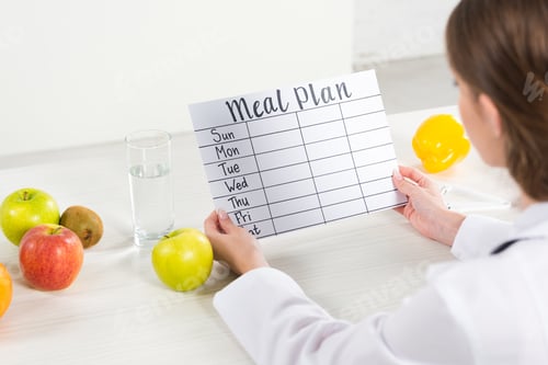 Preview: cropped view of dietitian in white coat holding meal plan at workplace