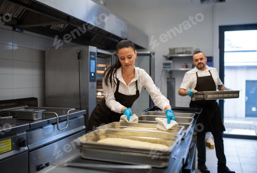 Preview: Chef and cook working on their dishes indoors in restaurant kitchen