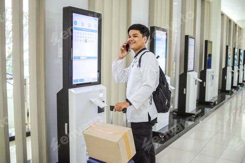 Preview: Happy Muslim Man Having Phone Call at Kiosk Counter at Airport. Mudik on Ramadan Moment