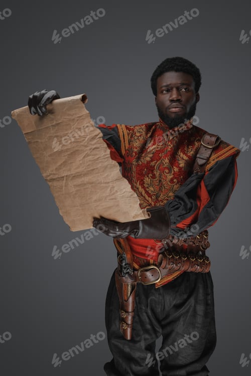 Preview: Black military man with map against grey background