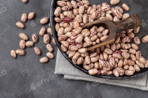 Preview: Plate full of dried pinto beans with a wooden scoop on napkin on gray table top view, copy space