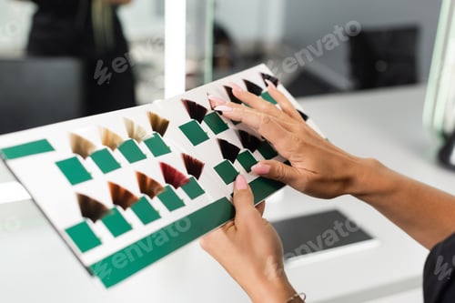 Preview: cropped, hair professional, beauty worker holding hair color palette in beauty salon, hair