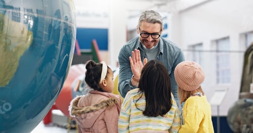 Preview: Science, high five and students learning about the earth with a teacher at school for child develop