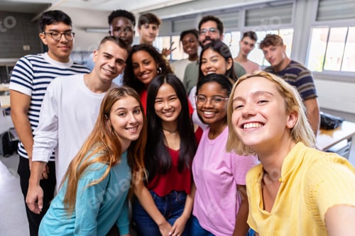 Visualização: Grupo multirracial de amigos estudantes tirando selfie com o professor em sala de aula