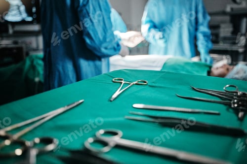 Preview: Surgery, medical and equipment on table in hospital for transplant procedure treatment. Healthcare,
