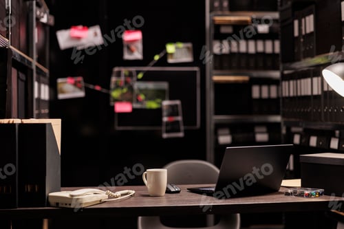 Preview: Investigator workplace with laptop and coffee cup on desk