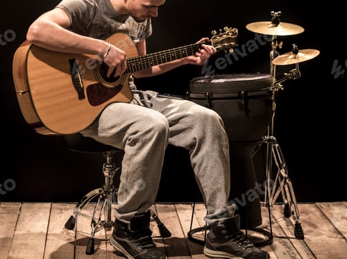 Preview: Man Plays Acoustic Guitar with Drums in Studio
