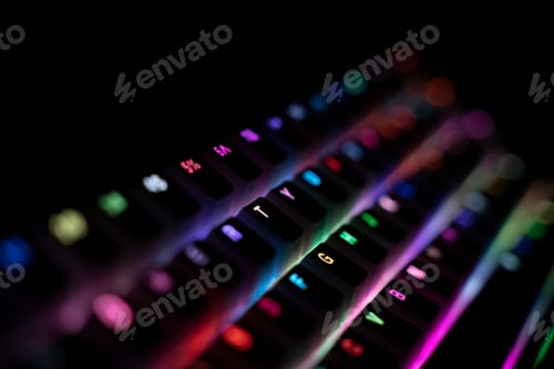 Preview: side view of illuminated RGB keyboard in the dark