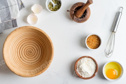 Preview: Homemade production of fresh healthy bread of other pastry from natural ingredients on a light grey