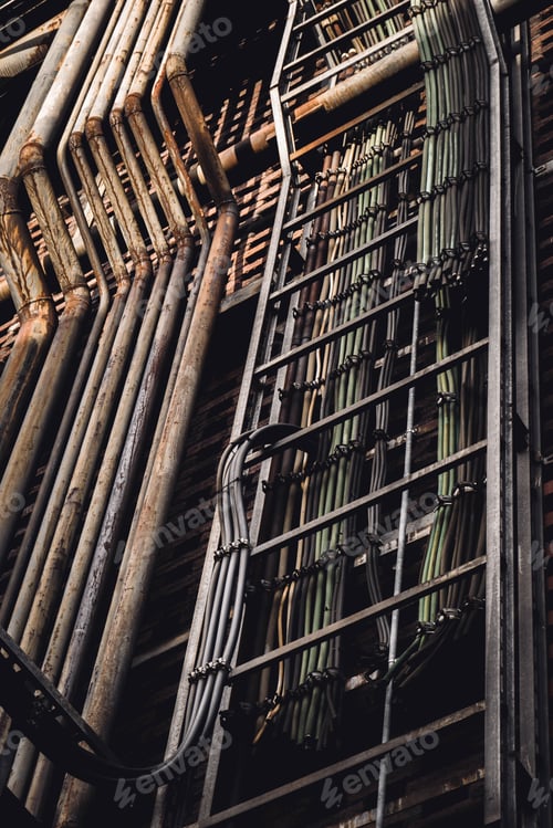 Preview: Industrial construction featuring multiple silver pipes and electric cables
