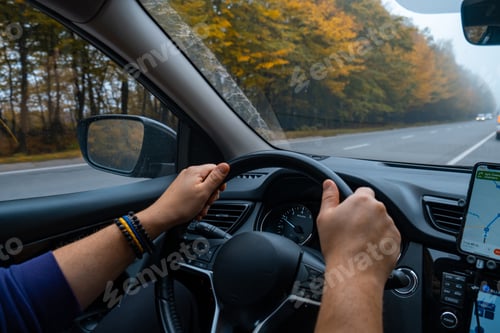 Preview: Person Driving by the road at foggy autumn highway