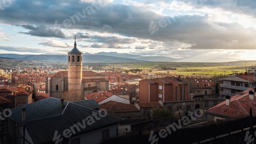 Preview: Aerial view of Avila at sunset with Santiago Church - Avila, Castile and Leon, Spain