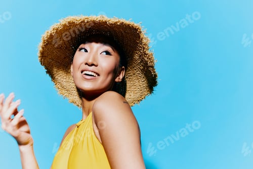 Preview: Woman smile swimsuit hat yellow fashion portrait summer beauty trendy lifestyle