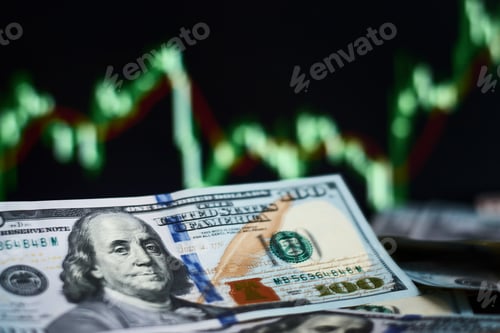 Preview: Closeup dollar banknote with screen stock exchange data graph background