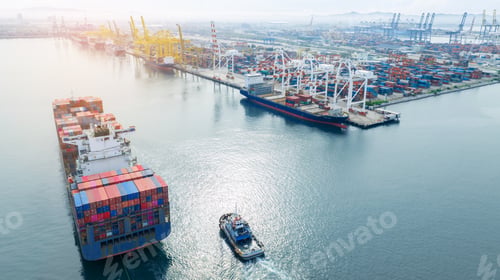 Preview: Tugboat pull container cargo ship vessel to cargo international container yard port concept