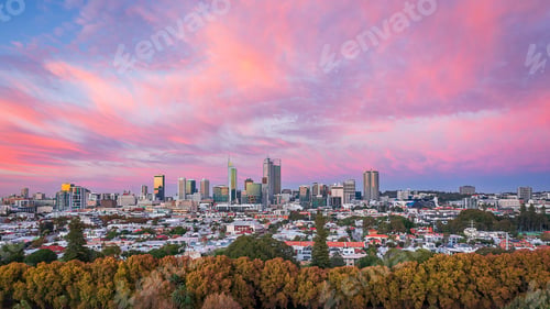 Preview: Aerial view of the skyline of Brisbane, Australia with a colorful and vibrant sky as the background