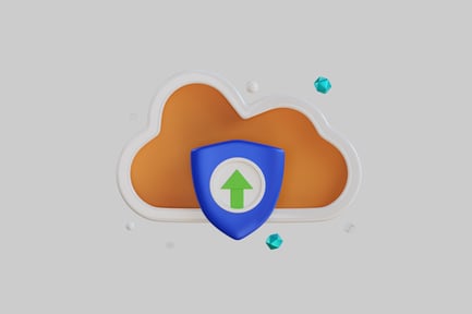 Preview: Abstract digital illustration of a cloud with a shield and arrow.