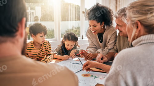 Preview: Family house, kids and education with grandparents, homework and parents with drawing at desk. Moth