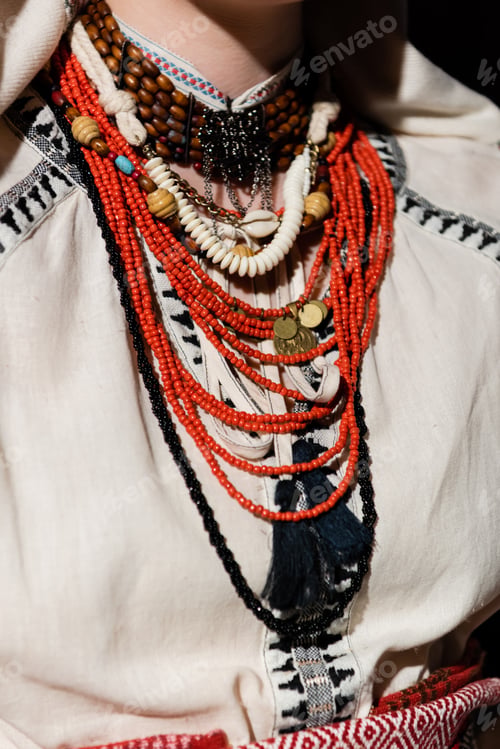 Preview: cropped view of ukrainian woman in traditional clothing with ornament and red beads