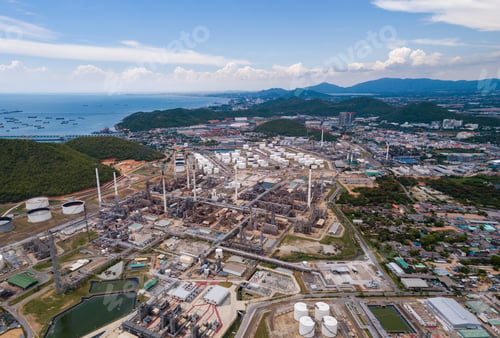 Preview: Petrochemical oil refinery in Bangkok City, Thailand. Oil and gas tanks in industry factory.