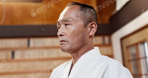 Preview: Aikido, master and man in martial arts, class or sensei talking in traditional gym of Japanese tech