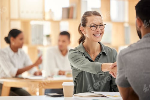 Preview: Business woman handshake, deal and manager consulting, meeting and support of team welcome, recruit