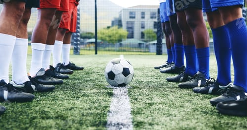 Preview: Legs, match and group with ball, field and formation of team, soccer and fitness with games. Outdoo