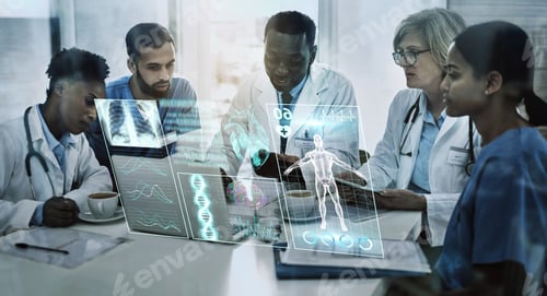 Preview: Laptop, team work or doctors in meeting with 3d holographic overlay for anatomy research in hospita