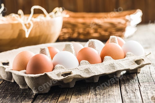Preview: Whole chicken eggs in eggbox on wooden table.