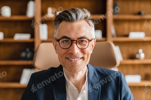 Preview: Cropped photo portrait of caucasian mature middle-aged man in glasses, boss teacher psychologist