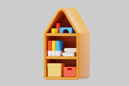 Preview: Cartoon house-shaped bookshelf with books