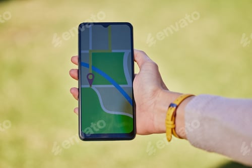 Preview: Woman, hand and phone for travel map, gps or sightseeing location research in nature park, forest o