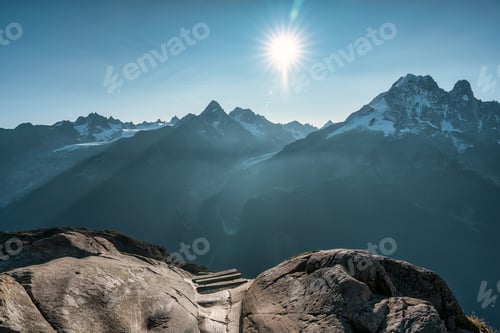 Preview: Landscape of Mont Blanc massif and stairs climb up on rock at France