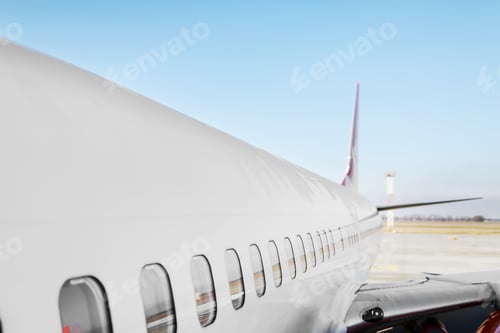 Preview: Aircraft porthole - side window airplain. White heavy passenger jet engine airplane