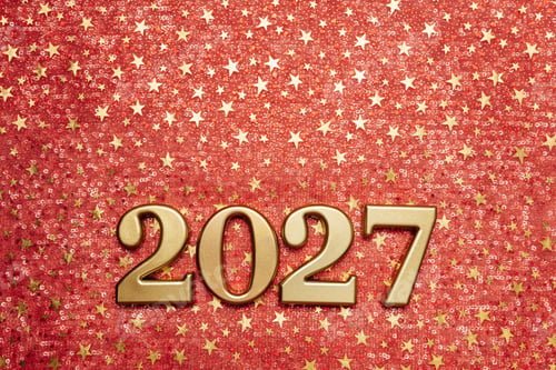 Preview: Happy New Year 2027 Celebration with Golden Numbers on Red Festive Background