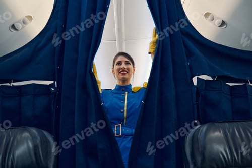 Preview: Stewardess separating passenger zones in the aircraft cabin